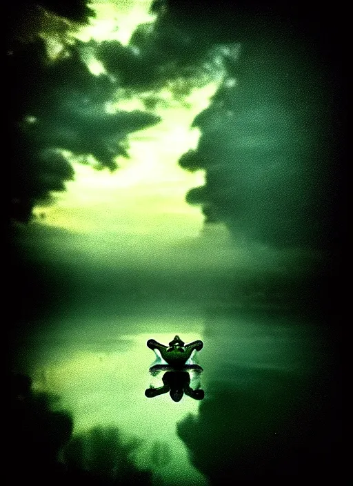 Image similar to “smiling frog vertically hovering over misty lake waters in jesus christ pose, low angle, long cinematic shot by Andrei Tarkovsky, paranormal, eerie, mystical”