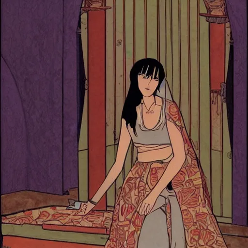 Image similar to Dido of Carthage in her palace, relaxed and candid, anime portrait by Satoshi Kon and Junji Ito