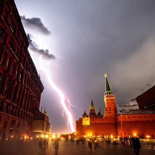 Prompt: a fiery thunderstorm with a tornado over red Square in Moscow