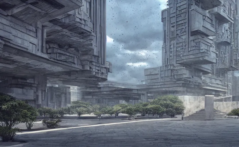 Image similar to Brutalist architecture buildings, next to a fountain and a mystical palace, hyperrealistic mixed media, stunning 3d render inspired art by P. Craig Russell and Barry Windsor-Smith + perfect facial symmetry + dim volumetric lighting, 8k octane beautifully detailed render, post-processing, extremely hyperdetailed, intricate futuristic mechanic parts, epic composition, grim yet sparkling atmosphere, cinematic lighting + masterpiece, trending on artstation