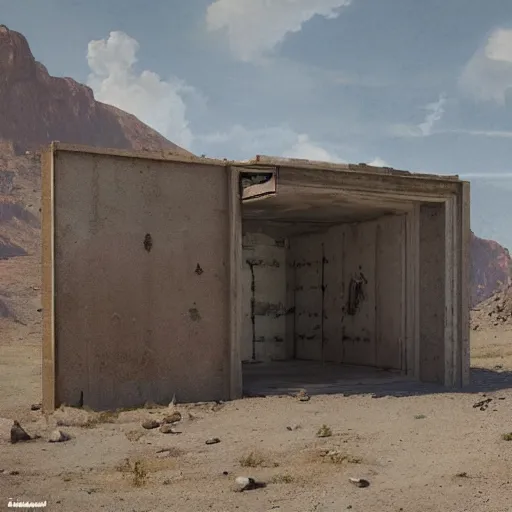 Prompt: abandoned hidden bunker in the mountains with big desert National Geographic photograph Greg Rutkowski ArtStation, Deviantart HD screenshot