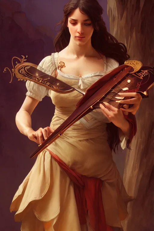 Prompt: beautiful bard holding a lute, accurate anatomy, only two hands, highly detailed, digital painting, artstation, concept art, smooth, sharp focus, illustration, Unreal Engine 5, 8K, art by Artgerm and greg rutkowski and alphonse Mucha