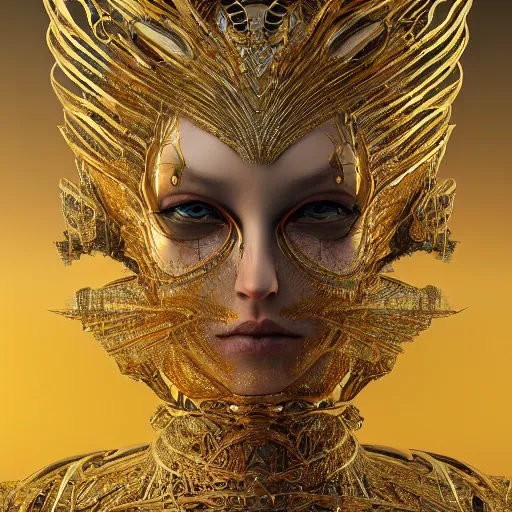 Image similar to a beautiful symmetrical body wearing an armor made of golden ornaments and gems by alex gray and android jones , Karol Bak, Ayami Kojima, Amano , 3D, 8k resolution