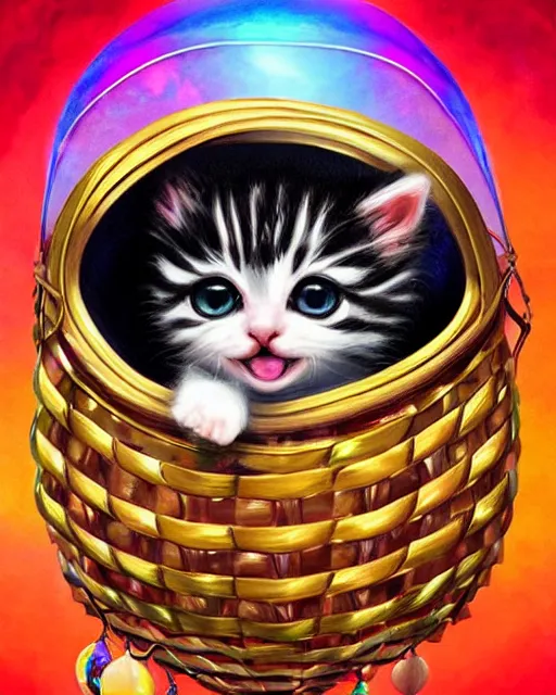 Image similar to cute kitten inside an ornate flying balloon basket of iridescent liquid, alchemy, shiny plastic, intricate, bloom, detailed, volumetric lighting, sharp focus, photorealism, digital painting, highly detailed, concept art, by by artgerm and wlop