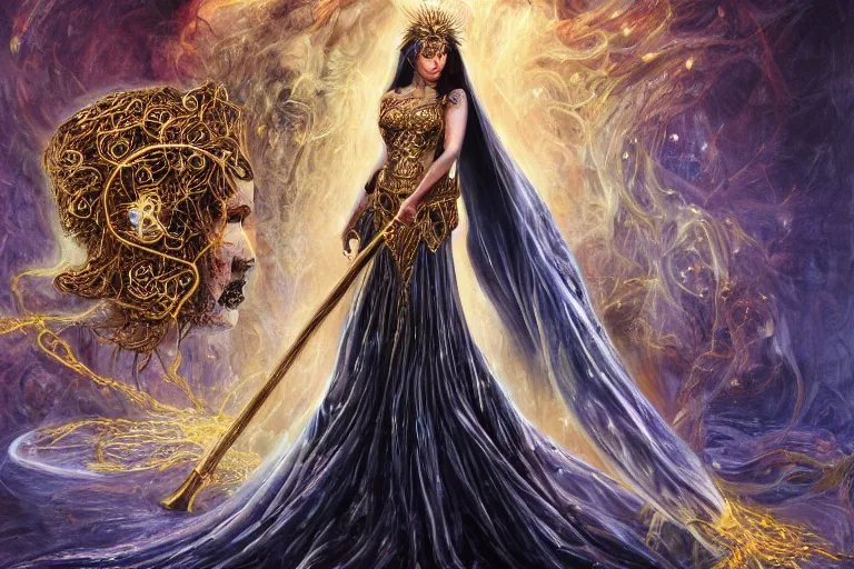 Prompt: angry beautiful Goddess of life with a veil, dark Goddess of artificial intelligence creating an artificial neural network with gold synapses on an anvil with her hammer, high resolution, award winning art, trending on art station, sharp image, incredibly detailed, detailed character, realistic painting, hyper-realistic painting, coherent painting, ethereal halls of valhalla in the background, master piece by Mpemba Tzulu