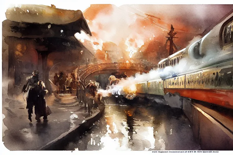 Image similar to small centered on watercolor paper, paint brush strokes, abstract watercolor painting of steam train voyage, cinematic light, national romanticism by anders zorn, by hans dahl, by jesper ejsing, by greg rutkowski, by greg manchess, by tyler edlin, by craig mullins