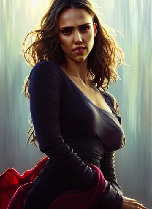 Image similar to half Jessica Alba half Nathalie Portman half scarlett johansonna pure seductive angel, full body portrait, slight smile, diffuse natural sun lights, autumn lights, highly detailed, digital painting, artstation, concept art, sharp focus, illustration, art by wlop and greg rutkowski and alphonse mucha and artgerm