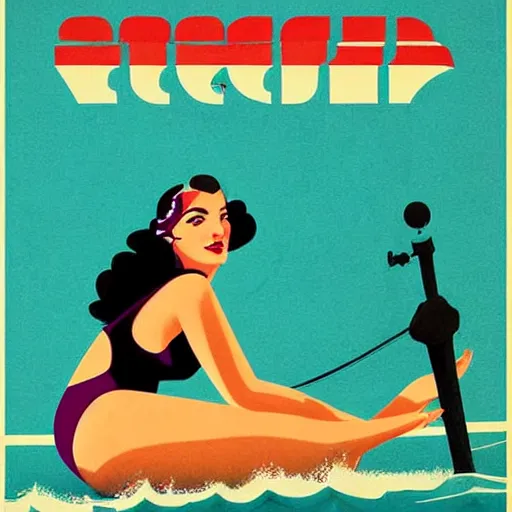 Image similar to retro poster with a painting of a woman in a bathing suit sitting on a boat, an art deco painting by tom whalen, trending on behance, art deco, digital illustration, storybook illustration, art deco, flat shading, vector art, airbrush
