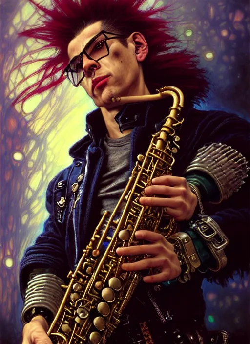 Image similar to portrait of a punk man playing sax, warhammer 40000, cyberpunk, intricate, highly detailed, digital painting, artstation, concept art, smooth, sharp focus, illustration, art by Amano and Karol_Bak and artgerm and greg rutkowski and alphonse mucha and Gustav Klimt and Kojima