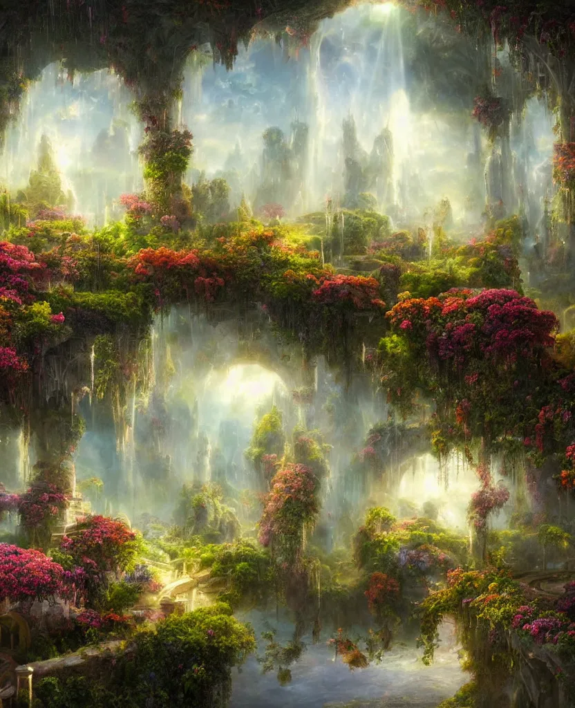 Prompt: a surreal dreamlike scene of a distant view of an impossibly beautiful garden in the sky suspended on glowing pillars of light, extravagant matte painting, highly detailed oil painting, 8k, devastatingly majestic atmosphere, elegant cinematic fantasy art, overwhelming depth and detail, magic, vibrant colors, intricate masterpiece