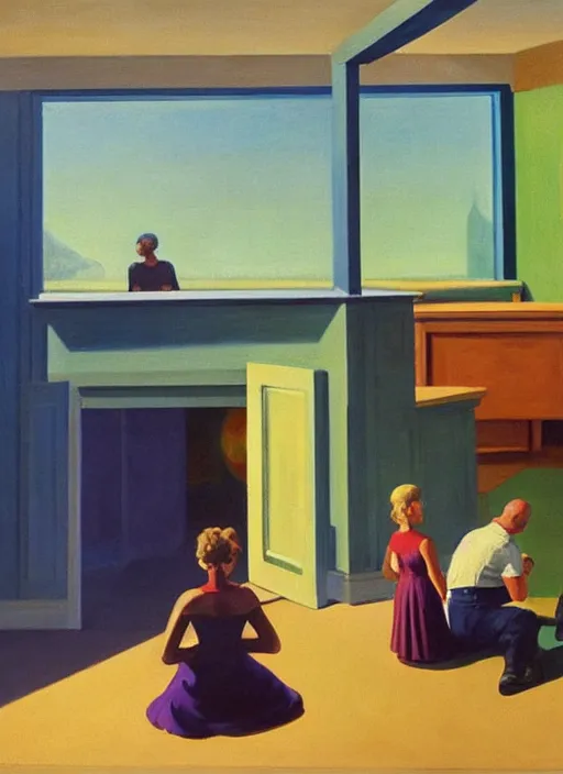 Image similar to painting of a family building getting lectured by a very large alien in their suburban living room, energetic orbs in the air, in the style of edward hopper