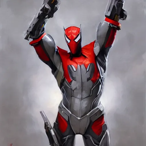 Image similar to greg manchess portrait painting of armored spiderman ultraman grey fox from metal gear cyborg gay japanese - american hybrid as overwatch character, medium shot, asymmetrical, profile picture, organic painting, sunny day, matte painting, bold shapes, hard edges, street art, trending on artstation, by huang guangjian and ail elvgren and sachin teng