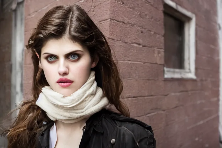 Prompt: closeup portrait Alexandra Daddario in a smoky new york back street, by Steve McCurry and David Lazar, natural light, detailed face, CANON Eos C300, ƒ1.8, 35mm, 8K, medium-format print