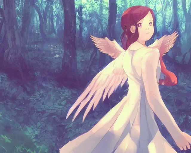 Image similar to a girl with two wings on her back in a forest. She has TWO wings on her back!!! Angel! Two blue wings!! She is facing the camera!!! Close up!! Front shot!! By Makoto Shinkai, trending on ArtStation, digital art.