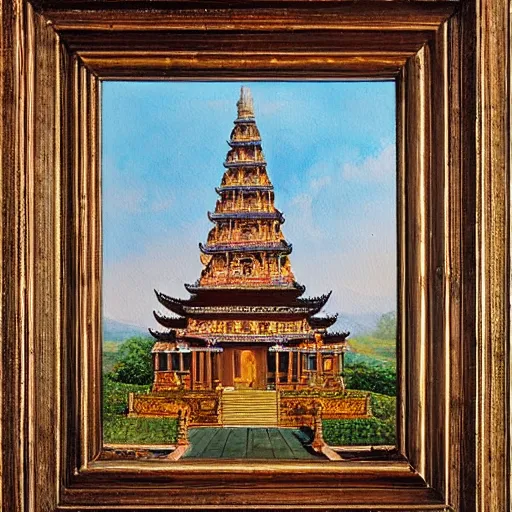 Image similar to a beautiful painting of a monument thathowe, a sacred site, pagoda, lightbeams, royal jewels, majestic medieval art by james gurney, no copyright name, aztec jad