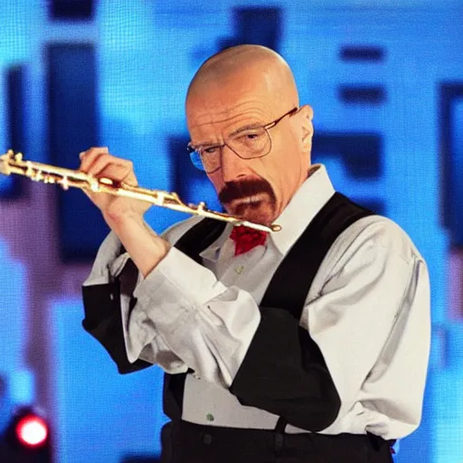 Prompt: walter white playing the flute on america's got talent