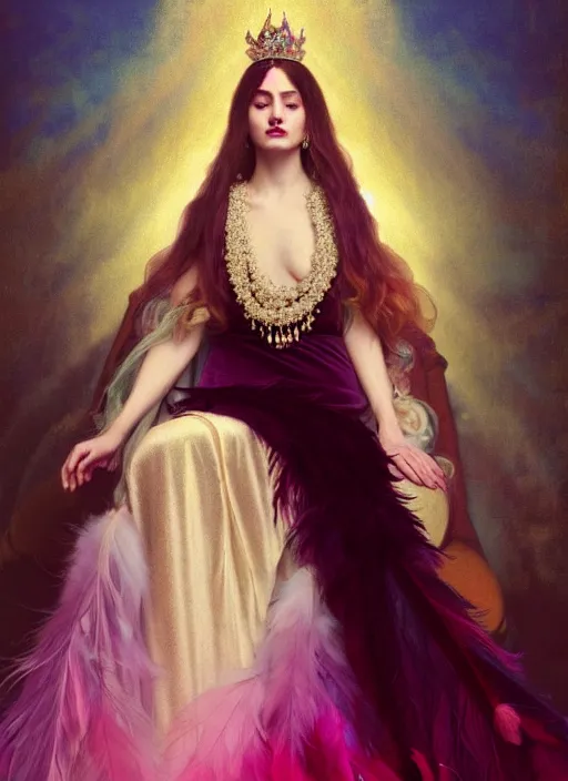 Image similar to ombre velvet gown, feathers, lovely queen, portrait, long hair, small crown with pearls, long pearl necklaces, feral languid woman, by greg rutkowski, anato finnstark, alphonse mucha, global illumination, radiant light