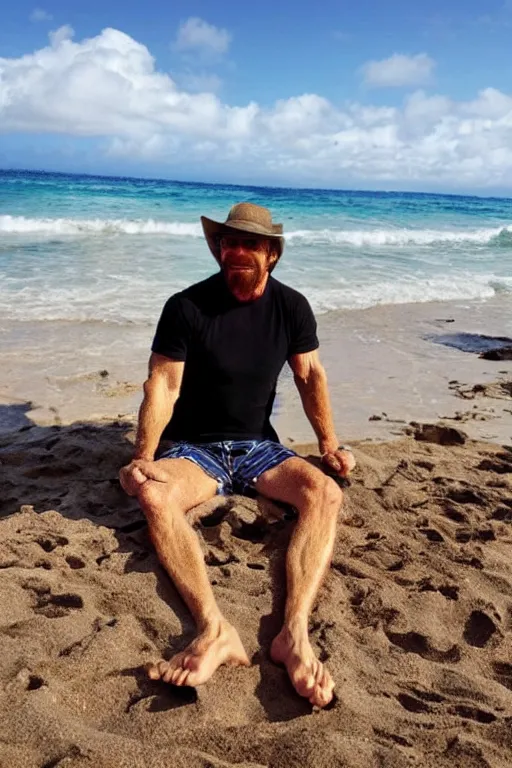 Image similar to chuck norris resting on a beach in hawaii