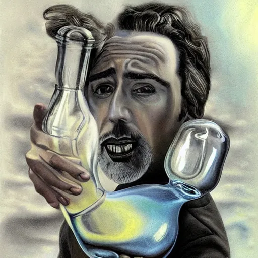 Image similar to Drinking from bottle Nicolas Cage in liquid form, Surrealism, Surreal drawing, Digital art, from artstation, art by Salvador Dali