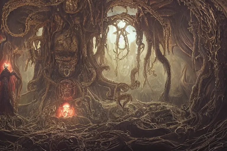 Image similar to a lovecraftian painting of a demonic shrine, occult, moster summoning, warlocks ritual, cosmic horror elements, ultra realistic, concept art, intricate details, eerie, highly detailed, photorealistic, octane render, 8 k, unreal engine. art by artgerm and greg rutkowski and alphonse mucha