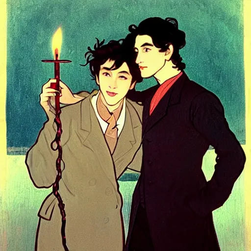 Image similar to painting of young cute handsome beautiful dark medium wavy hair man in his 2 0 s named shadow taehyung and cute handsome beautiful min - jun together at the halloween! party, bubbling cauldron!, candles!, smoke, autumn! colors, elegant, wearing suits!, clothes!, delicate facial features, art by alphonse mucha, vincent van gogh, egon schiele