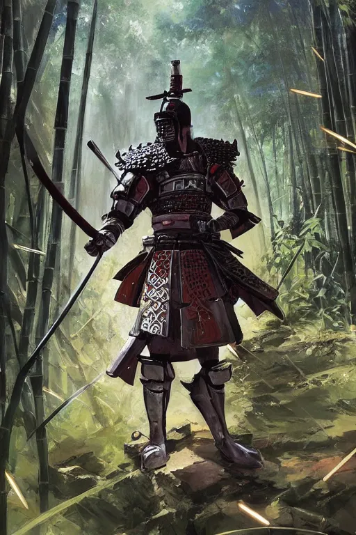 Prompt: an epic samurai in full armor in a mysterious japanese bamboo forest with light shafts, by jesper ejsing and maciej kuciara