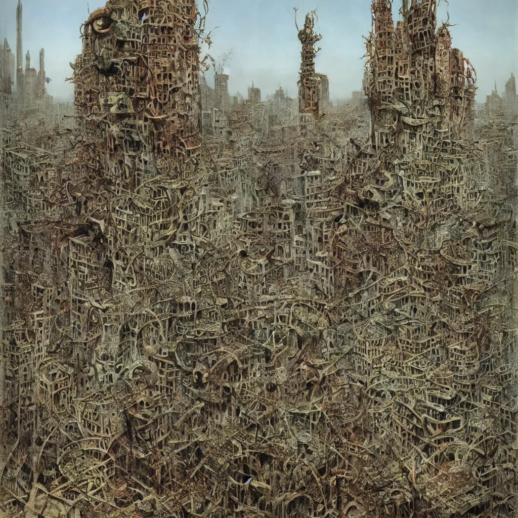 Image similar to rotten city, eaten by vegetation and rats in a doomed world, still, broken clock tower, by Dali, by Zdzisław Beksiński, by Antoni Gaudi