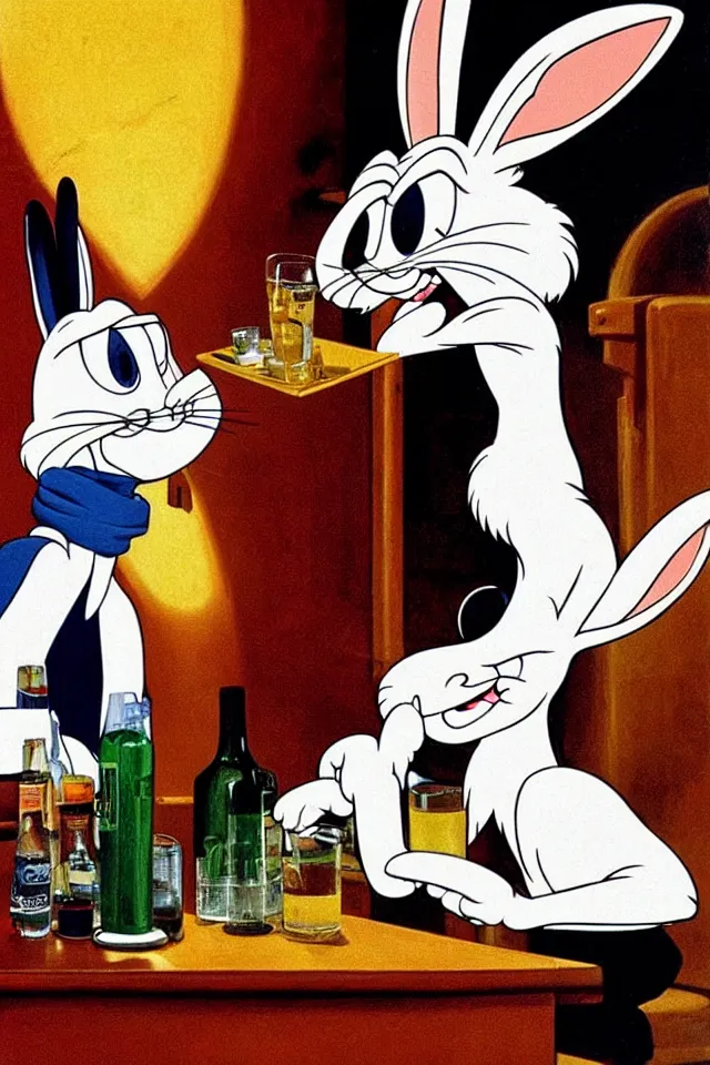 Prompt: Bugs Bunny Drinking Heavily At A Bar and Smoking, 2001: A Space Odyssey, Roger Deakin’s cinematography, by J. C. Leyendecker and Peter Paul Rubens and Edward Hopper and Michael Sowa