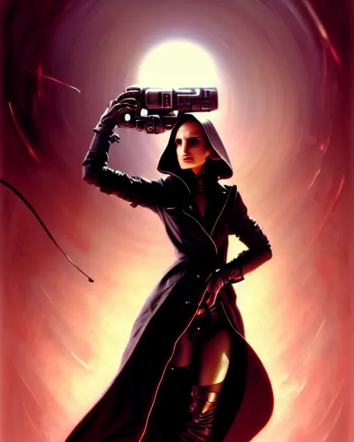 Image similar to beautiful fantasy character portrait, natalie portman, wearing oversized black trench coat, ultra realistic, wide angle, dramatic lighting, vultures, very seductive pose, cyberpunk artifacts, highly detailed by peter mohrbacher, hajime sorayama, wayne barlowe, boris vallejo, aaron horkey, gaston bussiere, craig mullins