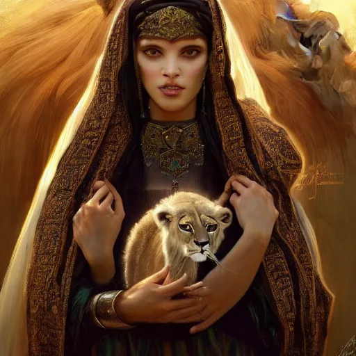 Image similar to a Photorealistic dramatic hyperrealistic render of an arab queen Esther, green eyes, middle Eastern skin, eyes, black hair, white veil, with a pet lion by WLOP,Artgerm,Greg Rutkowski,Alphonse Mucha, Beautiful dynamic dramatic dark moody lighting,shadows,cinematic atmosphere,Artstation,concept design art,Octane render,8K