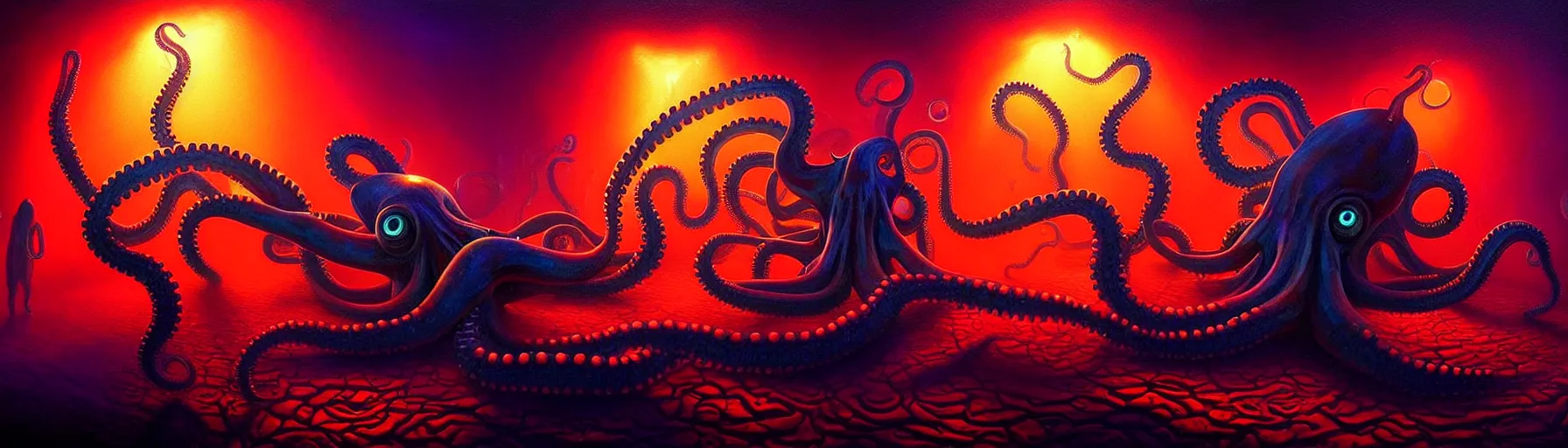 Prompt: strange cephalopod creatures from the depths of the imaginal realm, dramatic lighting, surreal darkly colorful painting by ronny khalil