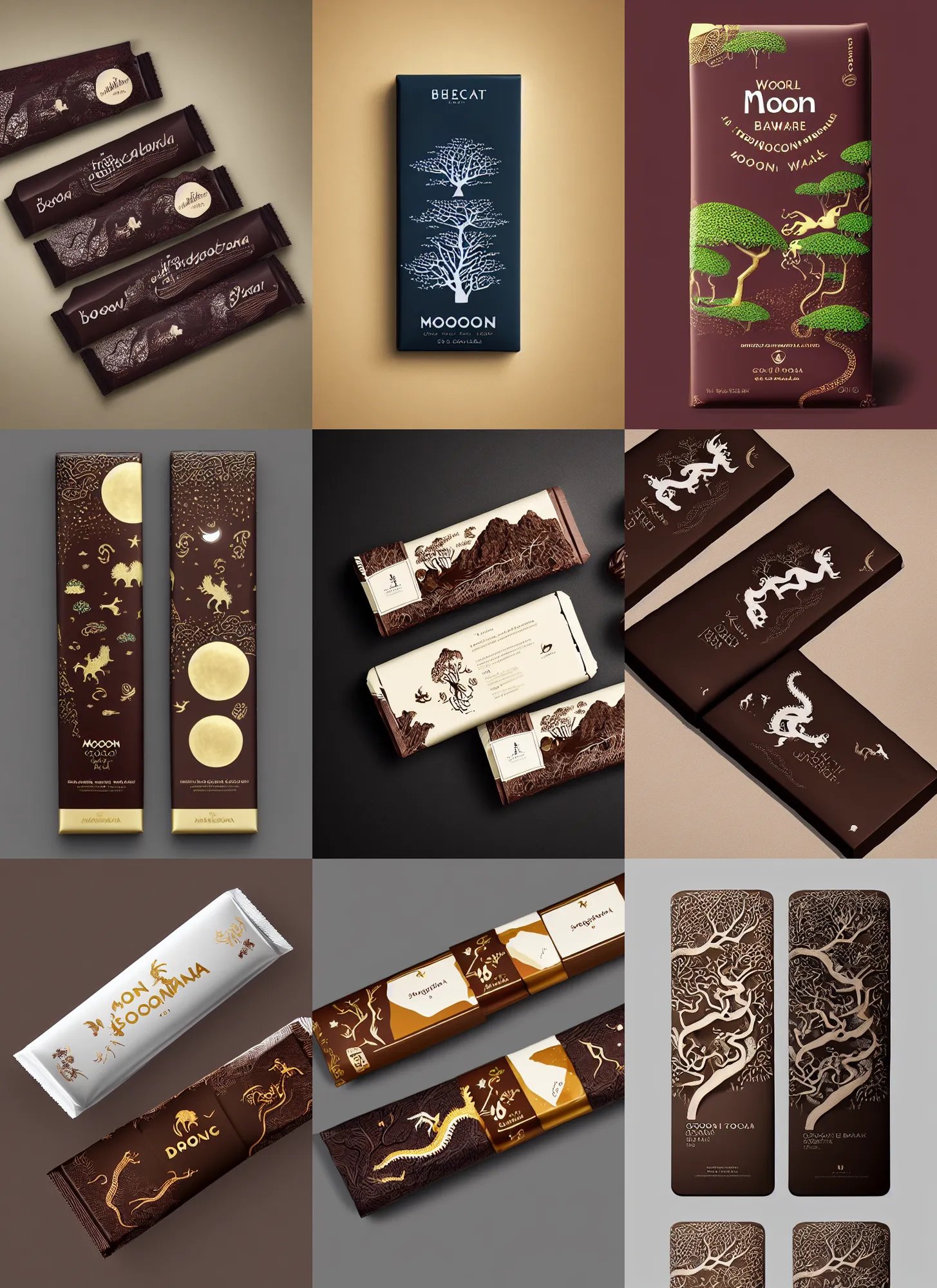 Prompt: conceptual chocolate bar packaging, inspired by moonlit socotra island with dragon trees, label design, behance, packaging of the world, award, front label, packaging design, octane render