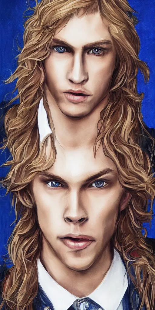 Image similar to portrait of a handsome gorgeous male satanic dirty blonde haired hippie that looks like cody fern with a straw jawline with long hair and blue eyes as the human prince of satan and lucifer, artstation