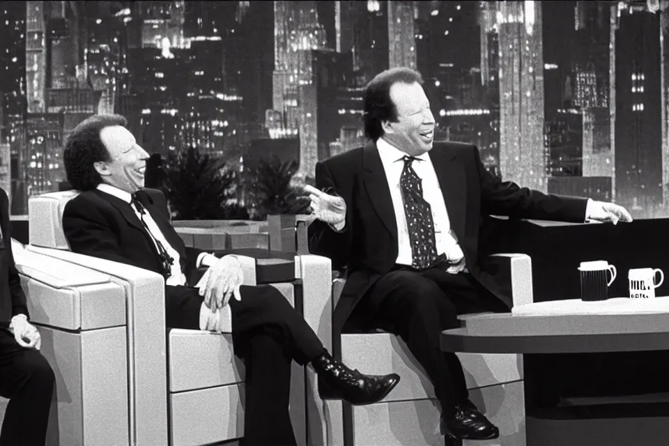 Image similar to still image of darth vader as host of the late night show interviewing gary shandling in 1 9 9 3, vhs tape recording, old footage