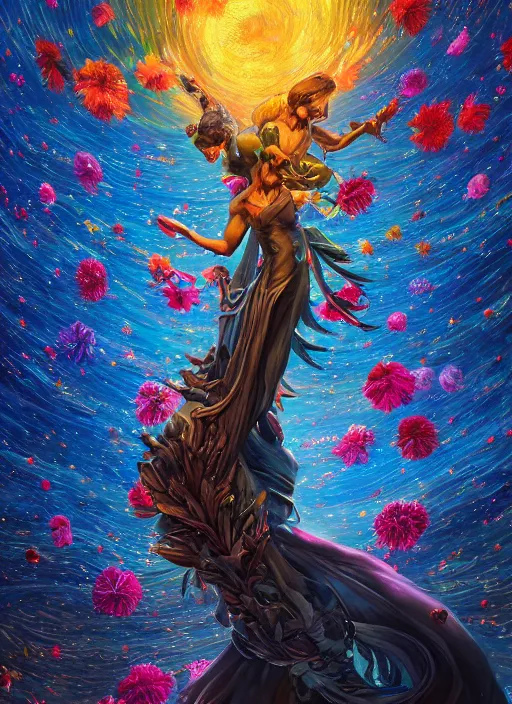 Image similar to An epic fantastic realism comic book style painting of the most beautiful entwined flowers launched across the dark and starry night sky, nebulous bouquets, fisheye lens, unreal 5, DAZ, hyperrealistic, octane render, dynamic lighting