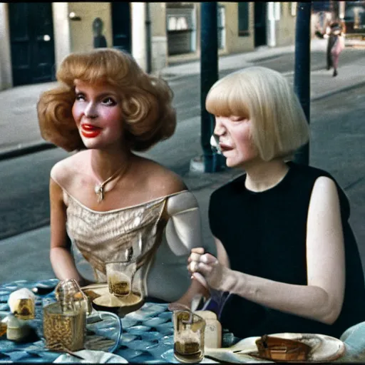 Prompt: 1976 color archival photo of a glamorous woman in a dress, and her friend, who looks like Caspar the Friendly Ghost, in a sidewalk cafe, 16mm film soft color, earth tones and soft color 1976, live-action archival footage, in style of doris wishman russ meyer, woman looks like young mia farrow