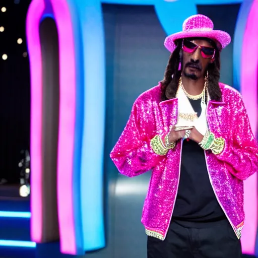 Image similar to Snoop Dogg wearing a pink sequin jacket and a sombrero, standing hosting a game show stage, studio lighting