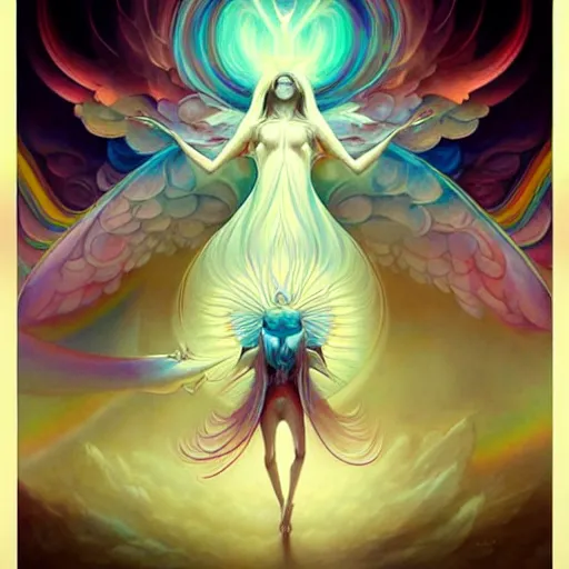 Image similar to psychedelic angelic celestial being artwork of peter mohrbacher, ayahuasca, energy body, sacred geometry, esoteric art, rainbow colors, realist, abstract and surreal art styles with anime and cartoon influences divinity