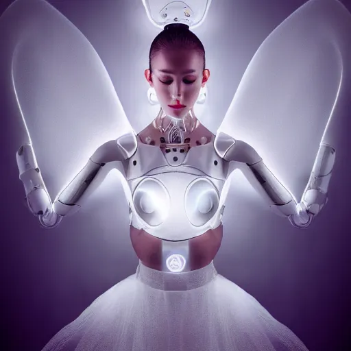 Image similar to beautiful centered fine art photo portrait of romantic beautiful girl as a solarpunk robotic humanoid, white mechanical parts with led lights, ballet style pose, photorealistic, white background, highly detailed and intricate, soft box lighting, hdr 8 k