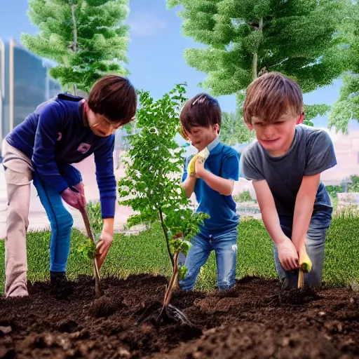 Image similar to a group of children planting trees in front of a clean white sci fi containment building with a utopian city in the distance, hyper realistic, 4 k, hd, artstaion, harsh light, overhead shot