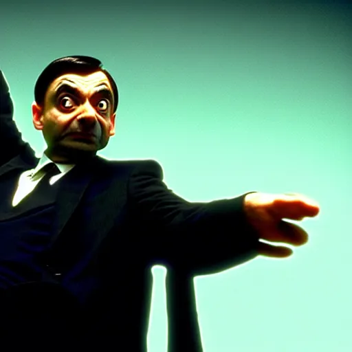 Image similar to mr. bean as morpheus from the matrix. movie still. slow motion. cinematic lighting.