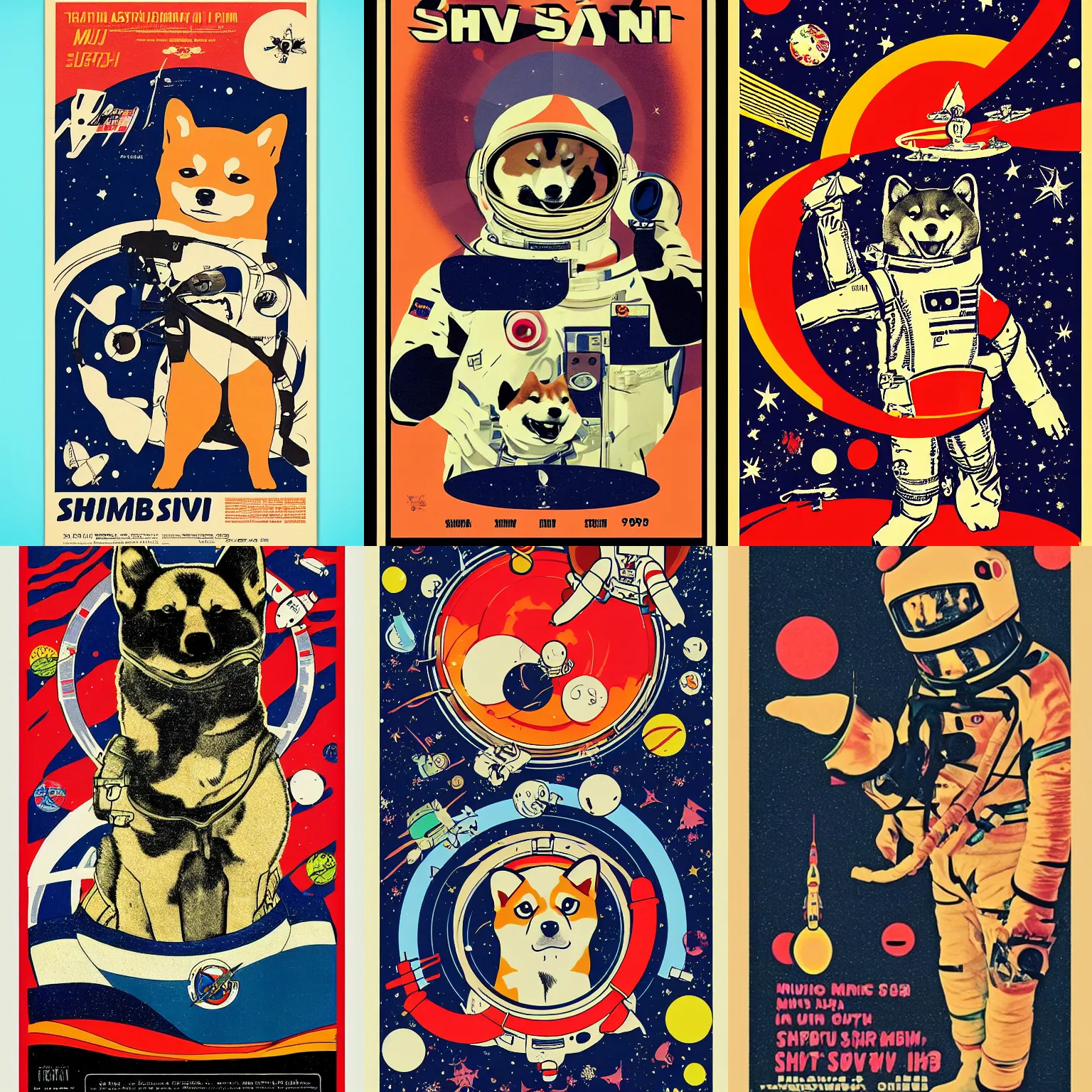 Prompt: Shiba Inu cosmonaut, 60s poster, in the style of a music poster 1968