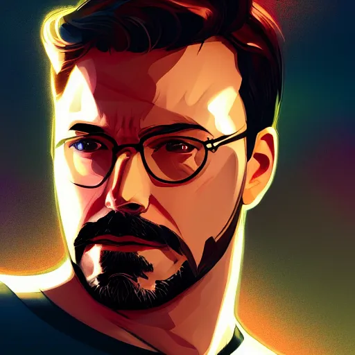 Image similar to Ben Affleck as Tony Stark, ambient lighting, 4k, alphonse mucha, lois van baarle, ilya kuvshinov, rossdraws, artstation