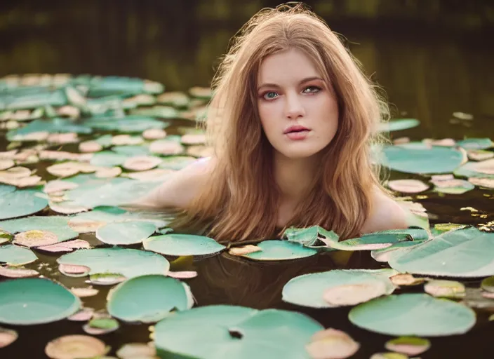 Image similar to Kodak Portra 400, 8K, soft light, volumetric lighting, highly detailed, britt marling style 3/4, photo close-up portrait of extreme beautiful girl floating in water surrounded by lily pads, half face in the water, a beautiful lace dress and hair are intricate with highly detailed realistic beautiful flowers , Realistic, Refined, Highly Detailed, natural outdoor soft pastel lighting colors scheme, outdoor fine art photography, Hyper realistic, photo realistic