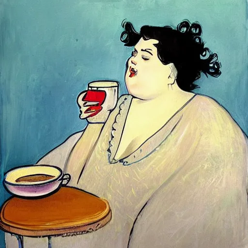 Image similar to a beautiful painting of a beautiful fat woman wearing a nightgown drinking coffee in a bed with white sheets in the style of in the style of Telous Lautrec