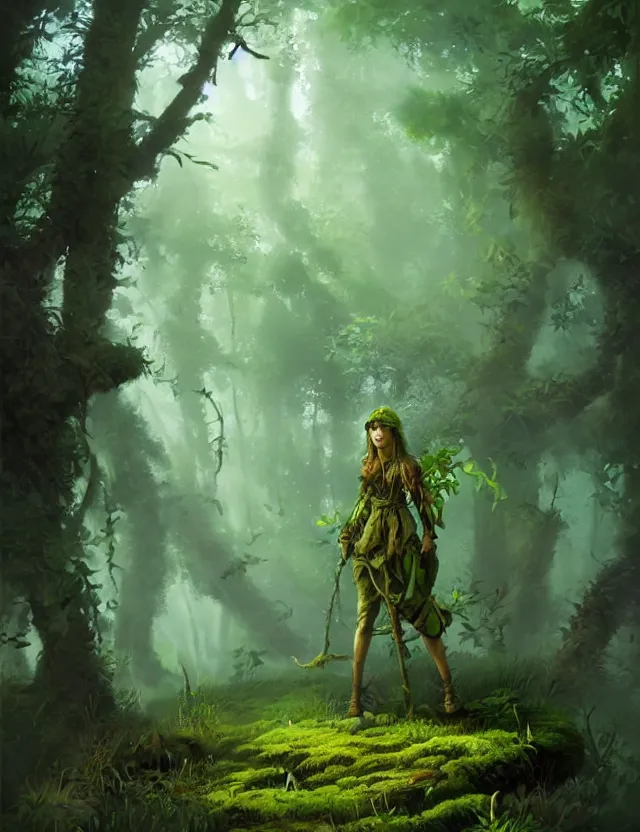 Image similar to herbalist of the moss woods. this air brush painting by the award - winning concept artist has an interesting color scheme, plenty of details and impeccable lighting.