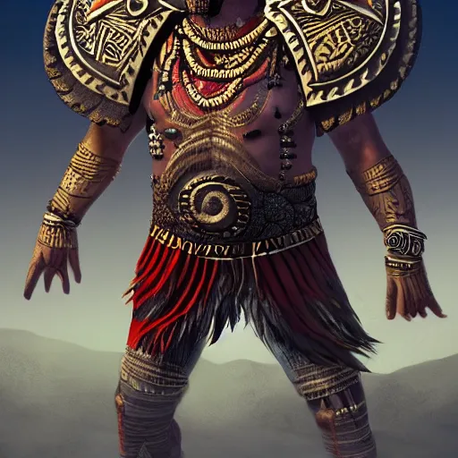 Prompt: full body concept art of a big aztec warrior, fantasy character portrait, ultra realistic, concept art, intricate detailed, volumetric light, cinematic lighting, 8 k uhd artwork, featured on artstation