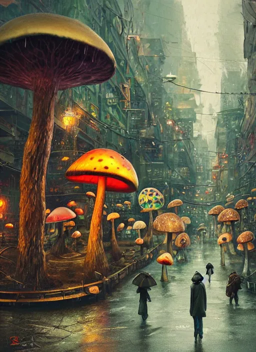 Image similar to a lively and whimsical dark fungal pawn shop, cinematic framing, wide angle, rain lit, kawaii shop grows from the stalk of a giant mushroom, cgsociety, siggraph, dystopian scifi, concept art, set design, oleg oprisco, conrad roset, anka zhuravleva, gediminas pranckevicius, cornell, kawasaki