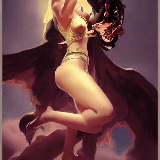 Prompt: dark oracle with ram horns, NGE dark fantasy, medium shot, intricate, highly detailed, digital painting, volumetric light, artstation, concept art, smooth, sharp focus, illustration, art by Gil Elvgren and Greg Rutkowski and Alphonse Mucha, 8K