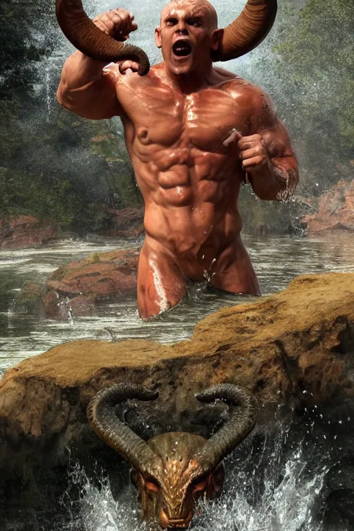 Prompt: martyn fords as huge muscular demon with ram's horns and emerging from lake in rockies, water splashing cascading, beautiful day, by albert bierstadt, ruan jia, jack kirby, norman rockwell, wayne barlow, sergey krasovskiy, zdzislaw beksinski, artstation 3 d render character creature